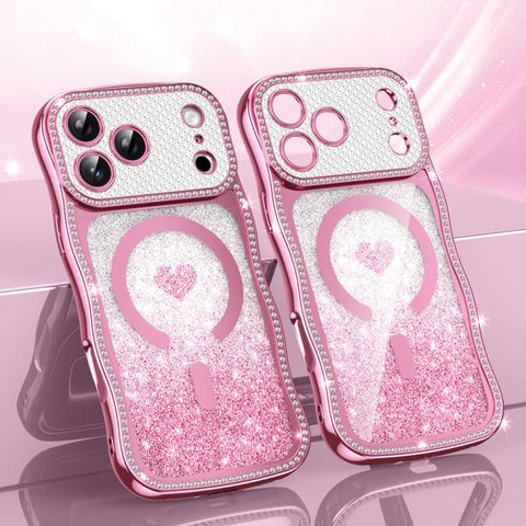 Wavy Frame Star Diamond Electroplate TPU Glitter Heart Magnetic Phone Case, For iPhone 17 Pro Max, For iPhone 17 Pro, For iPhone 17, For iPhone 16 Pro Max, For iPhone 16 Pro, For iPhone 16