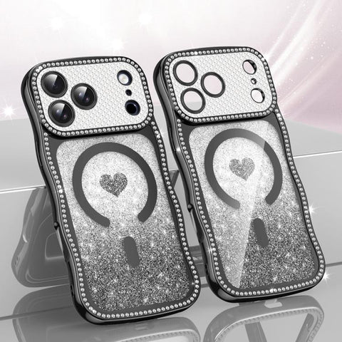 Wavy Frame Star Diamond Electroplate TPU Glitter Heart Magnetic Phone Case, For iPhone 17 Pro Max, For iPhone 17 Pro, For iPhone 17, For iPhone 16 Pro Max, For iPhone 16 Pro, For iPhone 16