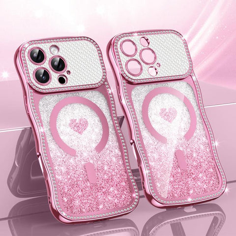 Wavy Frame Star Diamond Electroplate TPU Glitter Heart Magnetic Phone Case, For iPhone 17 Pro Max, For iPhone 17 Pro, For iPhone 17, For iPhone 16 Pro Max, For iPhone 16 Pro, For iPhone 16