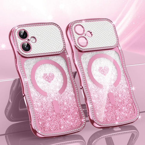 Wavy Frame Star Diamond Electroplate TPU Glitter Heart Magnetic Phone Case, For iPhone 17 Pro Max, For iPhone 17 Pro, For iPhone 17, For iPhone 16 Pro Max, For iPhone 16 Pro, For iPhone 16