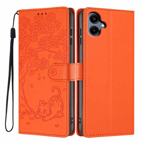 Tree Cat Embossed Flip Vegan Leather Phone Case, For Samsung Galaxy M36 5G, For Samsung Galaxy M56 5G, For Samsung Galaxy M16 5G, For Samsung Galaxy M06 5G, For Samsung Galaxy M53, For Samsung Galaxy M33 5G