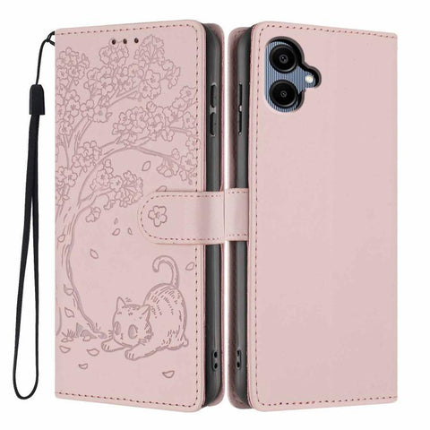 Tree Cat Embossed Flip Vegan Leather Phone Case, For Samsung Galaxy M36 5G, For Samsung Galaxy M56 5G, For Samsung Galaxy M16 5G, For Samsung Galaxy M06 5G, For Samsung Galaxy M53, For Samsung Galaxy M33 5G