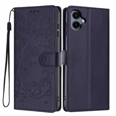 Tree Cat Embossed Flip Vegan Leather Phone Case, For Samsung Galaxy M36 5G, For Samsung Galaxy M56 5G, For Samsung Galaxy M16 5G, For Samsung Galaxy M06 5G, For Samsung Galaxy M53, For Samsung Galaxy M33 5G
