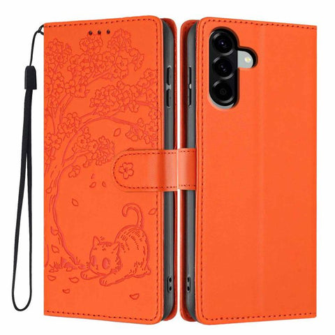 Tree Cat Embossed Flip Vegan Leather Phone Case, For Samsung Galaxy M36 5G, For Samsung Galaxy M56 5G, For Samsung Galaxy M16 5G, For Samsung Galaxy M06 5G, For Samsung Galaxy M53, For Samsung Galaxy M33 5G
