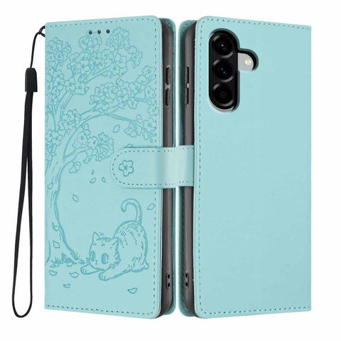 Tree Cat Embossed Flip Vegan Leather Phone Case, For Samsung Galaxy M36 5G, For Samsung Galaxy M56 5G, For Samsung Galaxy M16 5G, For Samsung Galaxy M06 5G, For Samsung Galaxy M53, For Samsung Galaxy M33 5G