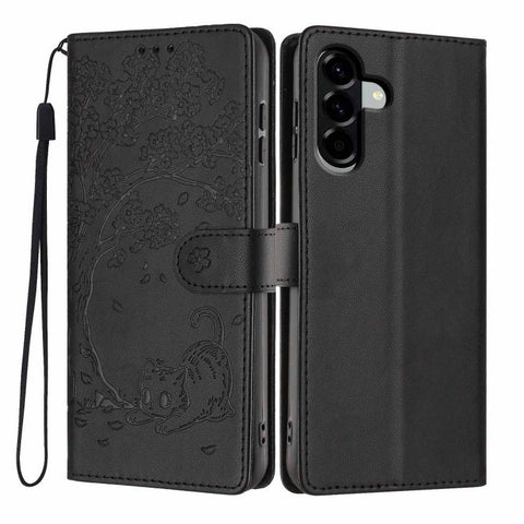 Tree Cat Embossed Flip Vegan Leather Phone Case, For Samsung Galaxy M36 5G, For Samsung Galaxy M56 5G, For Samsung Galaxy M16 5G, For Samsung Galaxy M06 5G, For Samsung Galaxy M53, For Samsung Galaxy M33 5G