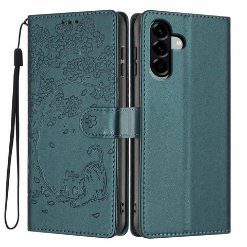 Tree Cat Embossed Flip Vegan Leather Phone Case, For Samsung Galaxy M36 5G, For Samsung Galaxy M56 5G, For Samsung Galaxy M16 5G, For Samsung Galaxy M06 5G, For Samsung Galaxy M53, For Samsung Galaxy M33 5G