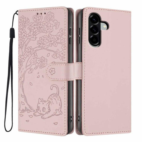 Tree Cat Embossed Flip Vegan Leather Phone Case, For Samsung Galaxy M36 5G, For Samsung Galaxy M56 5G, For Samsung Galaxy M16 5G, For Samsung Galaxy M06 5G, For Samsung Galaxy M53, For Samsung Galaxy M33 5G
