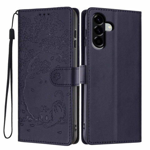 Tree Cat Embossed Flip Vegan Leather Phone Case, For Samsung Galaxy M36 5G, For Samsung Galaxy M56 5G, For Samsung Galaxy M16 5G, For Samsung Galaxy M06 5G, For Samsung Galaxy M53, For Samsung Galaxy M33 5G