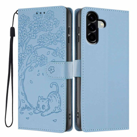Tree Cat Embossed Flip Vegan Leather Phone Case, For Samsung Galaxy M36 5G, For Samsung Galaxy M56 5G, For Samsung Galaxy M16 5G, For Samsung Galaxy M06 5G, For Samsung Galaxy M53, For Samsung Galaxy M33 5G