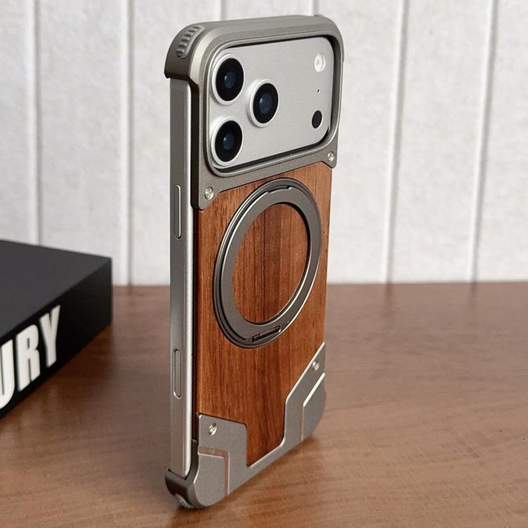 Armor Walnut Wood Metal Frameless 360 Rotation Holder Magnetic Phone Case, For iPhone 18 Pro / 17 Pro, For iPhone 18 Pro Max / 17 Pro Max