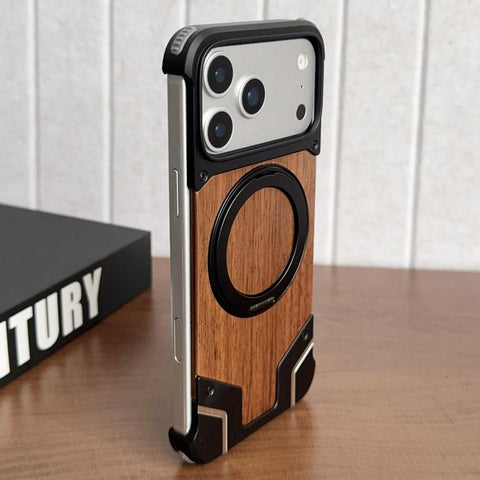 Armor Walnut Wood Metal Frameless 360 Rotation Holder Magnetic Phone Case, For iPhone 18 Pro / 17 Pro, For iPhone 18 Pro Max / 17 Pro Max