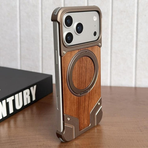 Armor Walnut Wood Metal Frameless 360 Rotation Holder Magnetic Phone Case, For iPhone 18 Pro / 17 Pro, For iPhone 18 Pro Max / 17 Pro Max