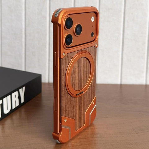 Armor Walnut Wood Metal Frameless 360 Rotation Holder Magnetic Phone Case, For iPhone 18 Pro / 17 Pro, For iPhone 18 Pro Max / 17 Pro Max