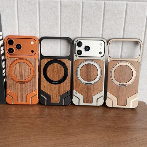 Armor Walnut Wood Metal Frameless 360 Rotation Holder Magnetic Phone Case, For iPhone 18 Pro / 17 Pro, For iPhone 18 Pro Max / 17 Pro Max