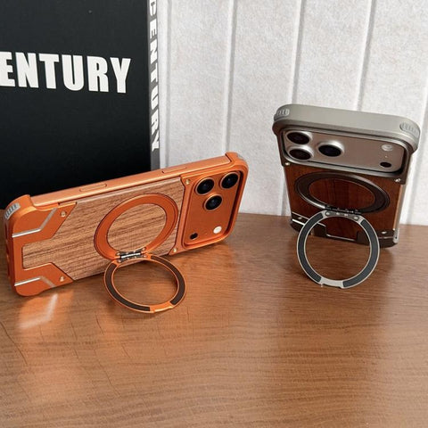 Armor Walnut Wood Metal Frameless 360 Rotation Holder Magnetic Phone Case, For iPhone 18 Pro / 17 Pro, For iPhone 18 Pro Max / 17 Pro Max