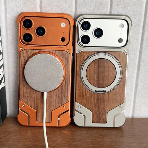 Armor Walnut Wood Metal Frameless 360 Rotation Holder Magnetic Phone Case, For iPhone 18 Pro / 17 Pro, For iPhone 18 Pro Max / 17 Pro Max