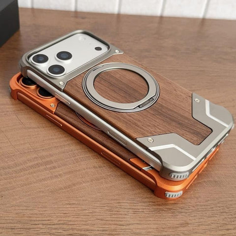 Armor Walnut Wood Metal Frameless 360 Rotation Holder Magnetic Phone Case, For iPhone 18 Pro / 17 Pro, For iPhone 18 Pro Max / 17 Pro Max