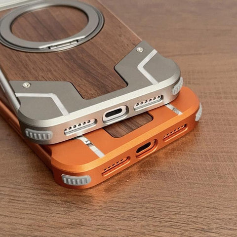 Armor Walnut Wood Metal Frameless 360 Rotation Holder Magnetic Phone Case, For iPhone 18 Pro / 17 Pro, For iPhone 18 Pro Max / 17 Pro Max