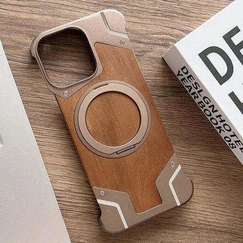 Armor Walnut Wood Metal Frameless 360 Rotation Holder Magnetic Phone Case, For iPhone 16 Pro Max, For iPhone 16 Pro