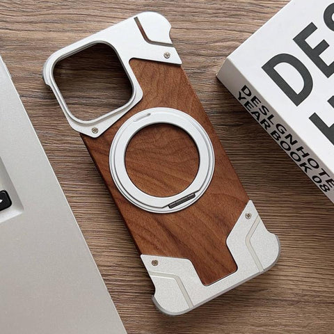 Armor Walnut Wood Metal Frameless 360 Rotation Holder Magnetic Phone Case, For iPhone 16 Pro Max, For iPhone 16 Pro
