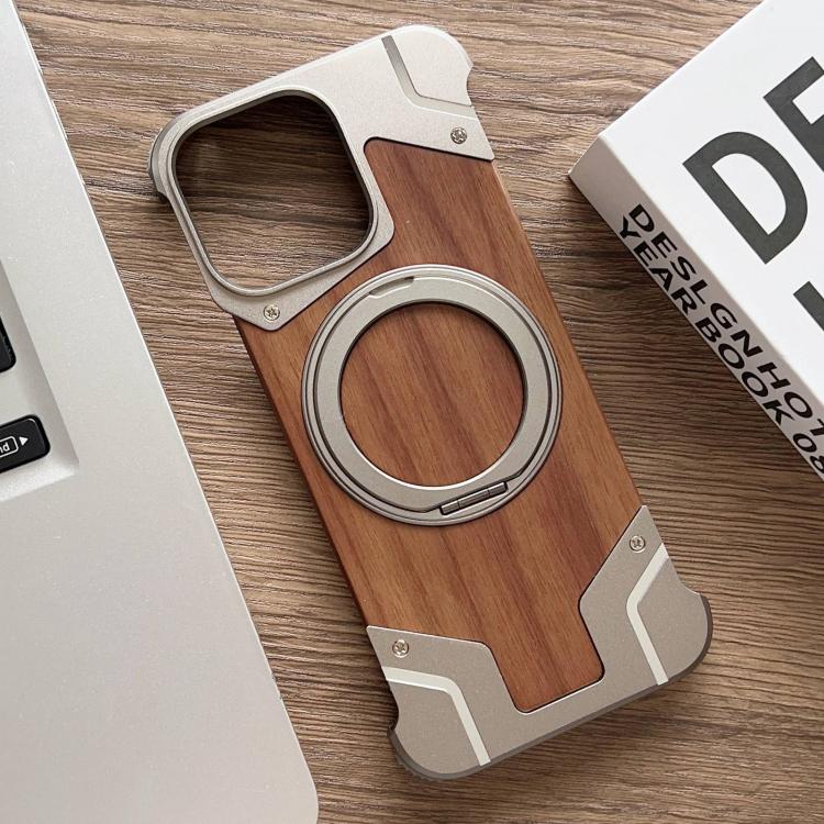 Armor Walnut Wood Metal Frameless 360 Rotation Holder Magnetic Phone Case, For iPhone 15 Pro Max, For iPhone 15 Pro