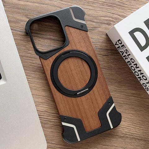 Armor Walnut Wood Metal Frameless 360 Rotation Holder Magnetic Phone Case, For iPhone 15 Pro Max, For iPhone 15 Pro