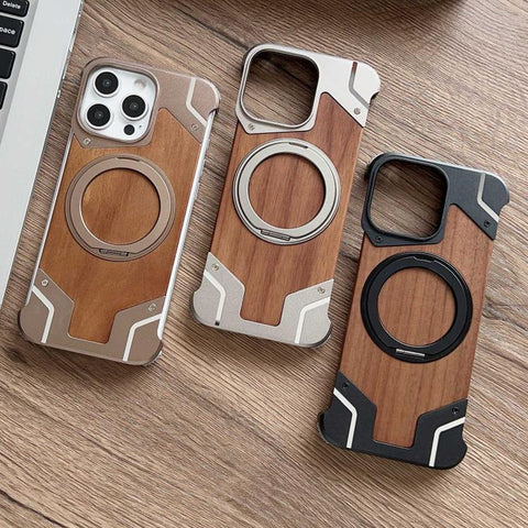 Armor Walnut Wood Metal Frameless 360 Rotation Holder Magnetic Phone Case, For iPhone 15 Pro Max, For iPhone 15 Pro