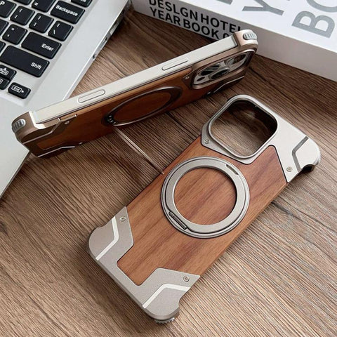 Armor Walnut Wood Metal Frameless 360 Rotation Holder Magnetic Phone Case, For iPhone 15 Pro Max, For iPhone 15 Pro