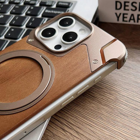 Armor Walnut Wood Metal Frameless 360 Rotation Holder Magnetic Phone Case, For iPhone 15 Pro Max, For iPhone 15 Pro