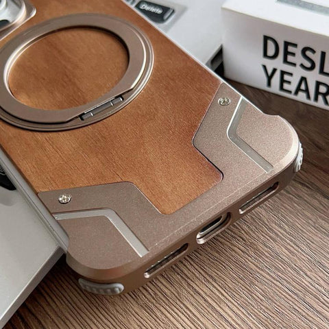 Armor Walnut Wood Metal Frameless 360 Rotation Holder Magnetic Phone Case, For iPhone 15 Pro Max, For iPhone 15 Pro