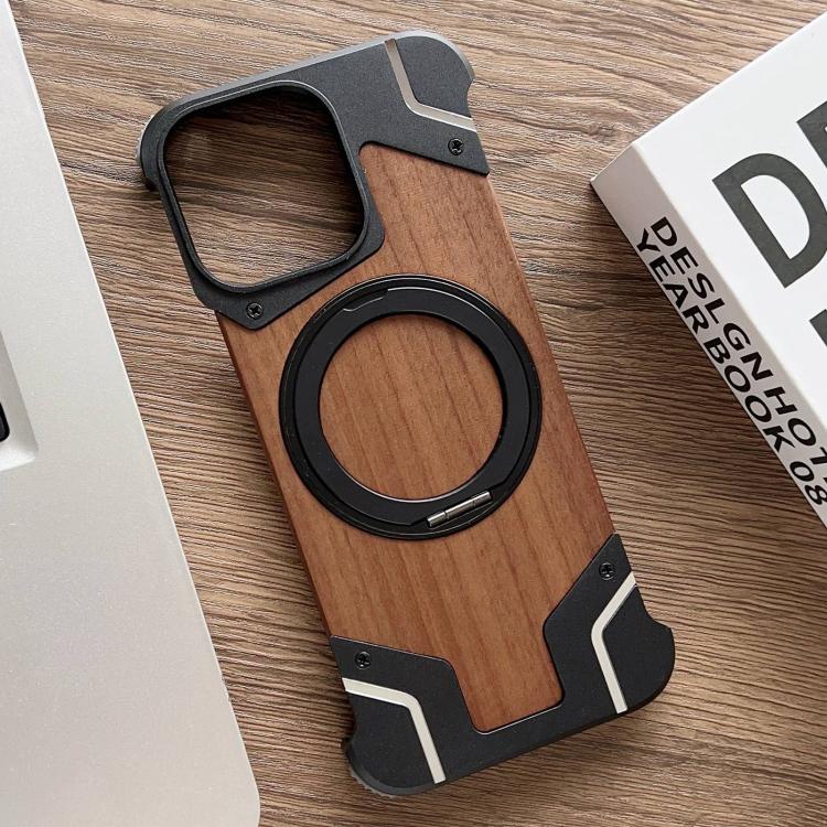 Armor Walnut Wood Metal Frameless 360 Rotation Holder Magnetic Phone Case, For iPhone 14 Pro, For iPhone 14 Pro Max, For iPhone 13 Pro Max