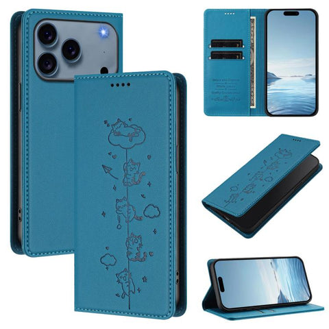 Cute Cats Embossed Magnetic RFID Vegan Leather Phone Case, For iPhone 18 Pro / 17 Pro, For iPhone 18 Pro Max / 17 Pro Max, For iPhone 17e / 16e, For iPhone 17