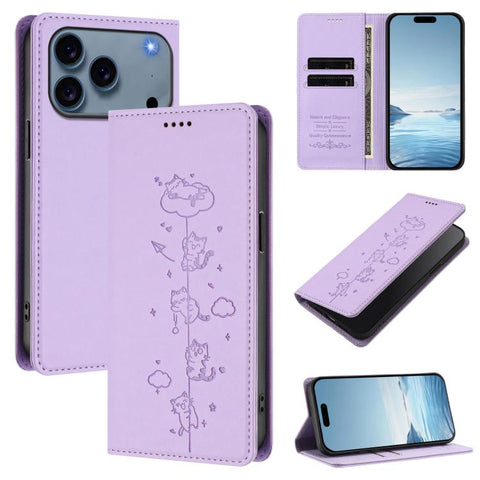 Cute Cats Embossed Magnetic RFID Vegan Leather Phone Case, For iPhone 18 Pro / 17 Pro, For iPhone 18 Pro Max / 17 Pro Max, For iPhone 17e / 16e, For iPhone 17