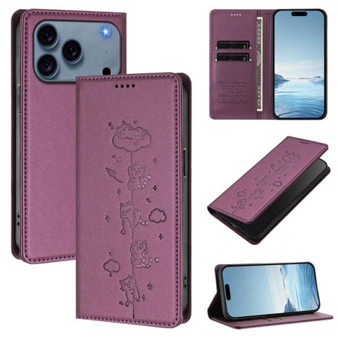 Cute Cats Embossed Magnetic RFID Vegan Leather Phone Case, For iPhone 18 Pro / 17 Pro, For iPhone 18 Pro Max / 17 Pro Max, For iPhone 17e / 16e, For iPhone 17