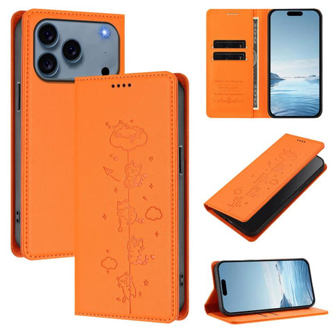Cute Cats Embossed Magnetic RFID Vegan Leather Phone Case, For iPhone 18 Pro / 17 Pro, For iPhone 18 Pro Max / 17 Pro Max, For iPhone 17e / 16e, For iPhone 17