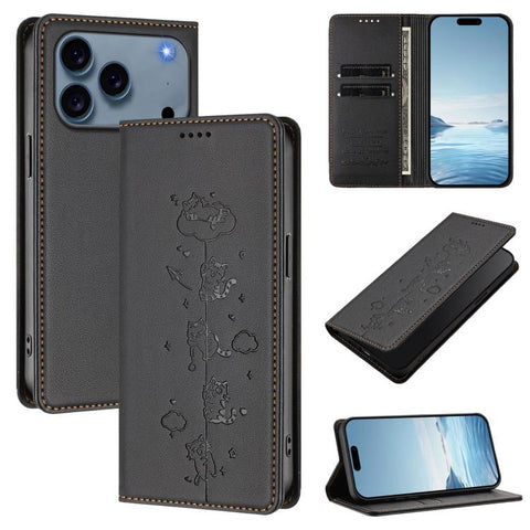 Cute Cats Embossed Magnetic RFID Vegan Leather Phone Case, For iPhone 18 Pro / 17 Pro, For iPhone 18 Pro Max / 17 Pro Max, For iPhone 17e / 16e, For iPhone 17