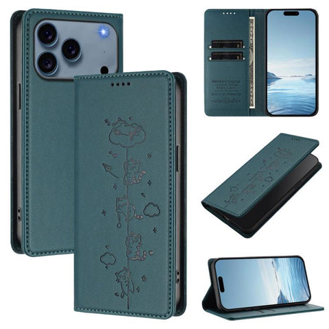 Cute Cats Embossed Magnetic RFID Vegan Leather Phone Case, For iPhone 18 Pro / 17 Pro, For iPhone 18 Pro Max / 17 Pro Max, For iPhone 17e / 16e, For iPhone 17
