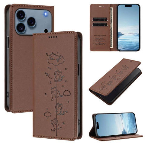 Cute Cats Embossed Magnetic RFID Vegan Leather Phone Case, For iPhone 18 Pro / 17 Pro, For iPhone 18 Pro Max / 17 Pro Max, For iPhone 17e / 16e, For iPhone 17