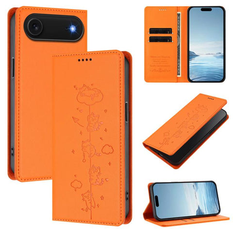 Cute Cats Embossed Magnetic RFID Vegan Leather Phone Case, For iPhone Air, For iPhone 16 Pro Max, For iPhone 16 Pro, For iPhone 16 Plus