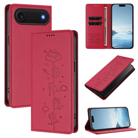 Cute Cats Embossed Magnetic RFID Vegan Leather Phone Case, For iPhone Air, For iPhone 16 Pro Max, For iPhone 16 Pro, For iPhone 16 Plus