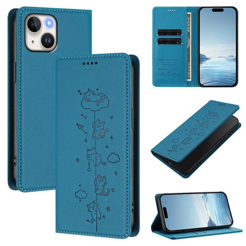 Cute Cats Embossed Magnetic RFID Vegan Leather Phone Case, For iPhone 16, For iPhone 15 Pro Max, For iPhone 15 Pro, For iPhone 15 Plus