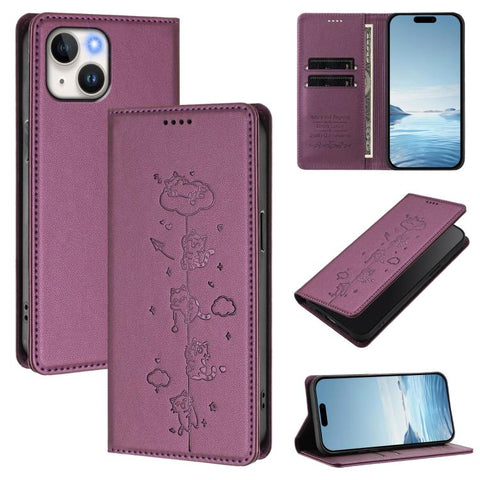Cute Cats Embossed Magnetic RFID Vegan Leather Phone Case, For iPhone 16, For iPhone 15 Pro Max, For iPhone 15 Pro, For iPhone 15 Plus