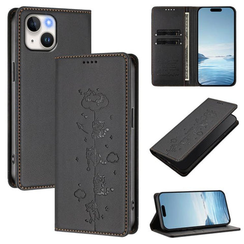 Cute Cats Embossed Magnetic RFID Vegan Leather Phone Case, For iPhone 15, For iPhone 14 Plus, For iPhone 14 / 13, For iPhone 14 Pro