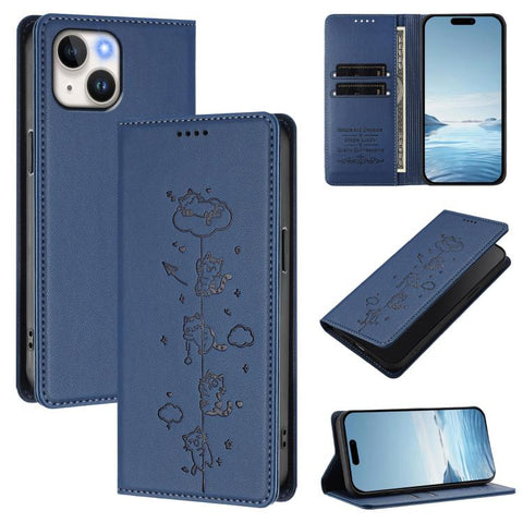 Cute Cats Embossed Magnetic RFID Vegan Leather Phone Case, For iPhone 15, For iPhone 14 Plus, For iPhone 14 / 13, For iPhone 14 Pro