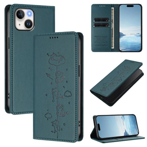 Cute Cats Embossed Magnetic RFID Vegan Leather Phone Case, For iPhone 15, For iPhone 14 Plus, For iPhone 14 / 13, For iPhone 14 Pro
