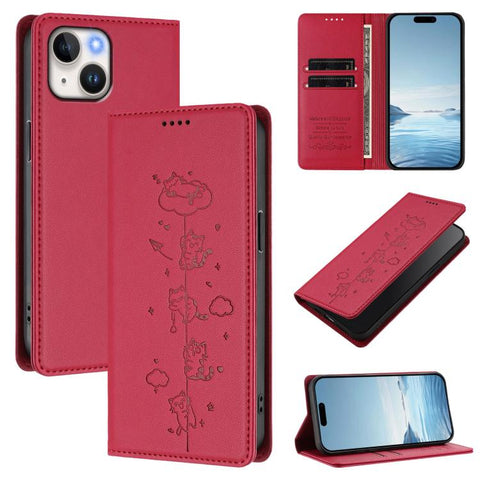 Cute Cats Embossed Magnetic RFID Vegan Leather Phone Case, For iPhone 15, For iPhone 14 Plus, For iPhone 14 / 13, For iPhone 14 Pro