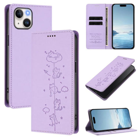 Cute Cats Embossed Magnetic RFID Vegan Leather Phone Case, For iPhone 15, For iPhone 14 Plus, For iPhone 14 / 13, For iPhone 14 Pro