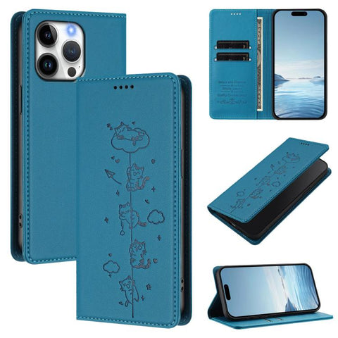 Cute Cats Embossed Magnetic RFID Vegan Leather Phone Case, For iPhone 15, For iPhone 14 Plus, For iPhone 14 / 13, For iPhone 14 Pro