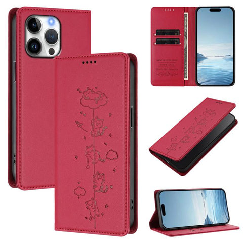 Cute Cats Embossed Magnetic RFID Vegan Leather Phone Case, For iPhone 14 Pro Max, For iPhone 13 Pro Max, For iPhone 13 Pro, For iPhone 12 Pro Max